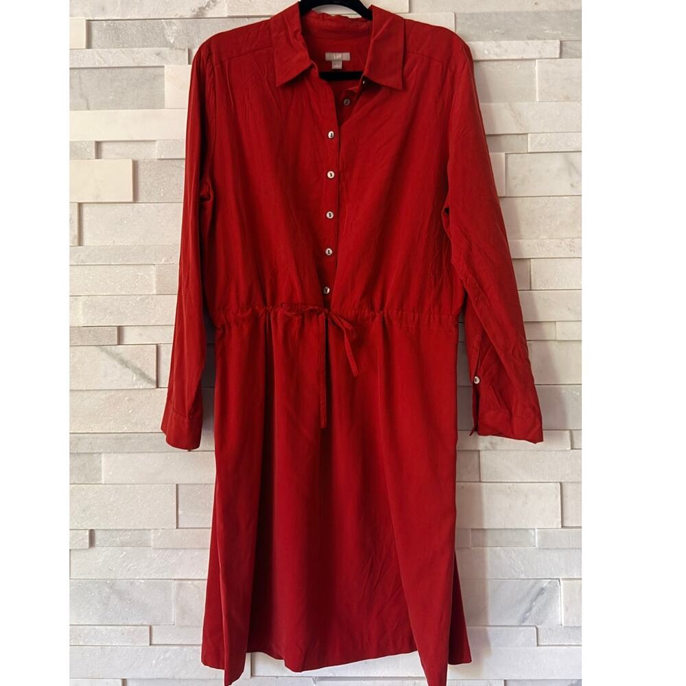 J JILL 100% Silk Button Front Tie Waist Long Sleeve Dress Orangey Red Coastal L